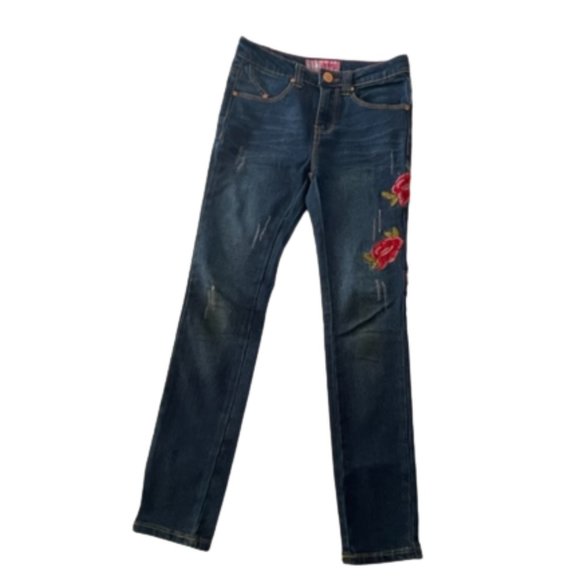 Girls Denim Pants with Red Roses Ripped Jeans Adjustable Inner waistband Size 10 - Picture 1 of 6